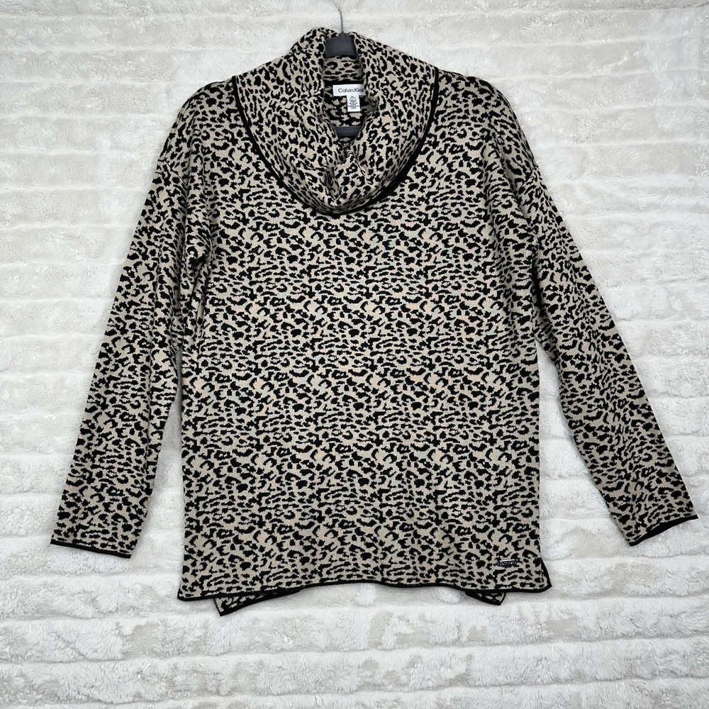 Calvin Klein Leopard Print Black/White Cowl Neck Pullover Sweater Top - Small‎